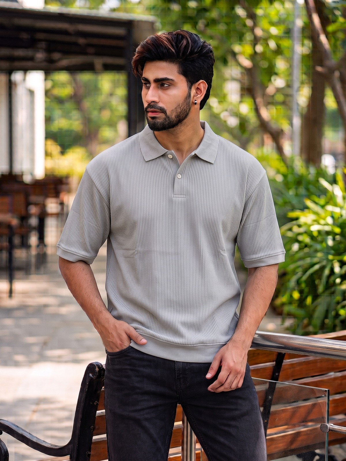 Ribbed Polo — Greyish Olive