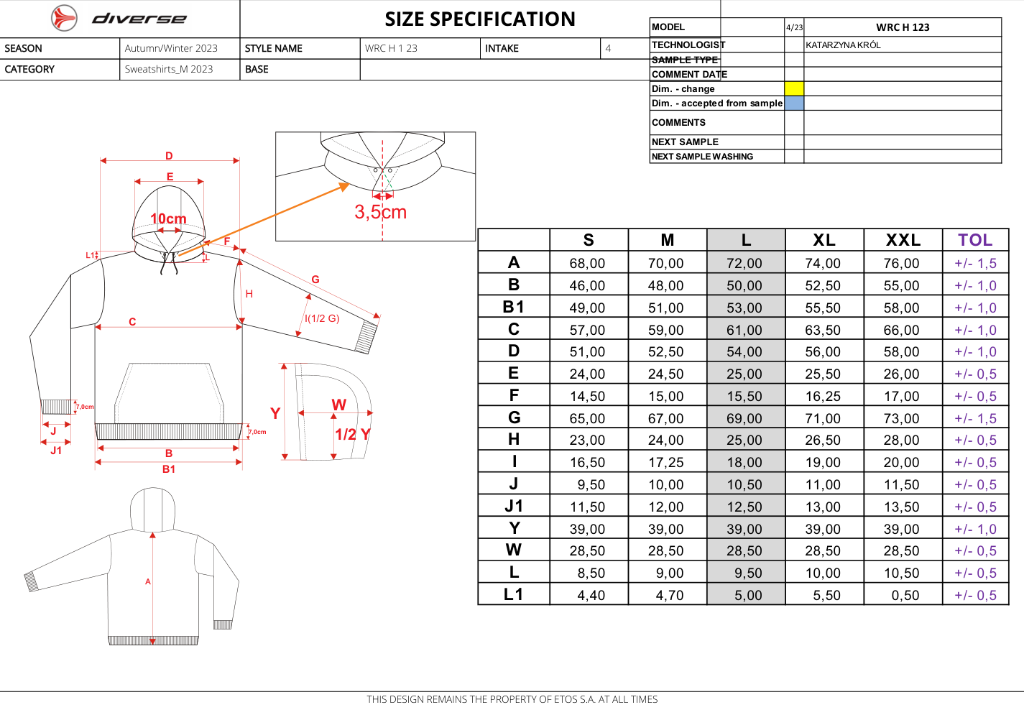 ALORA Hoodie Size Specification Diagram